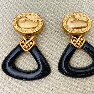 Vintage 80s 90s Dooney & Bourke Gold Tone Black Lucite Plastic Clip On Earrings